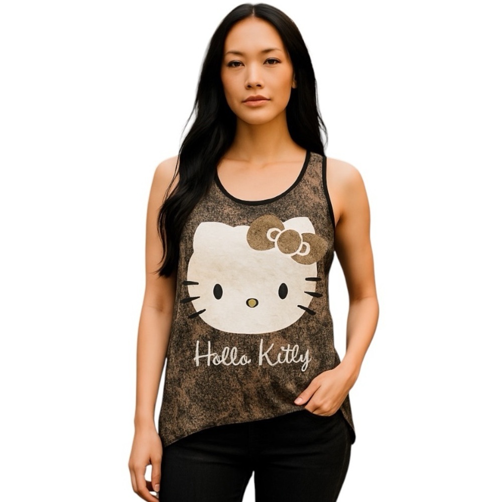 Sanrio Hello Kitty Black Ho-Low Tank Top with White and Gold Graphic Logo Large